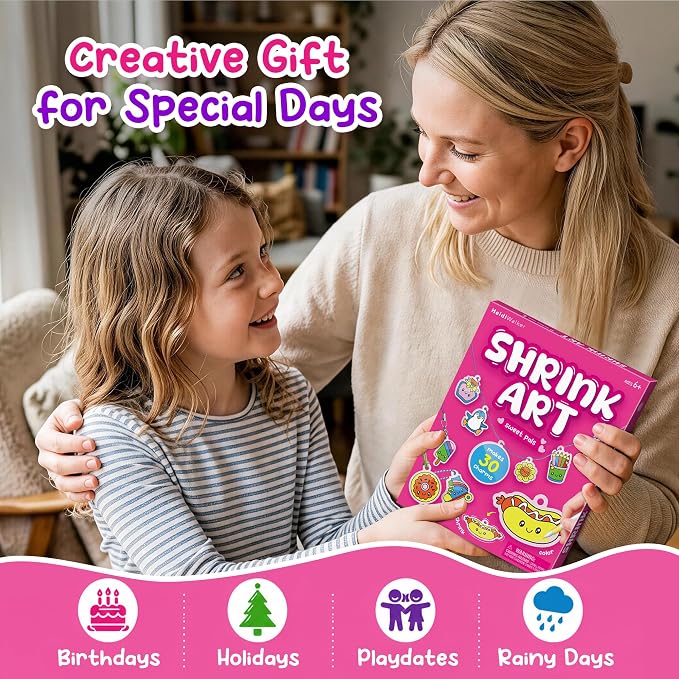Piano Potato DIY Shrinking Art Kit for Kids - 30 Pre-Cut Shrink Plastic Sheets & Keychain Making Kit, 8 Acrylic Markers, Charms, Bracelets, No Mess Creative Activity, Birthday Gift for Girls Ages 6+
