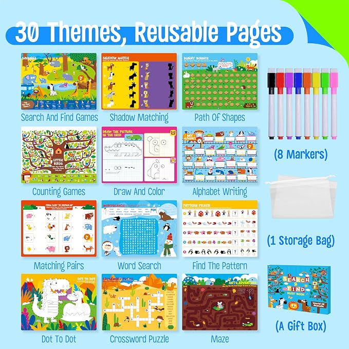 SpriteGru Search & Find Book, 15 Different Searching Games & 15 Fun Activity Games, Montessori Learning Toy Educational Game Travel Toys for Autism Sensory, Preschool, Girls and Boys Ages 3+