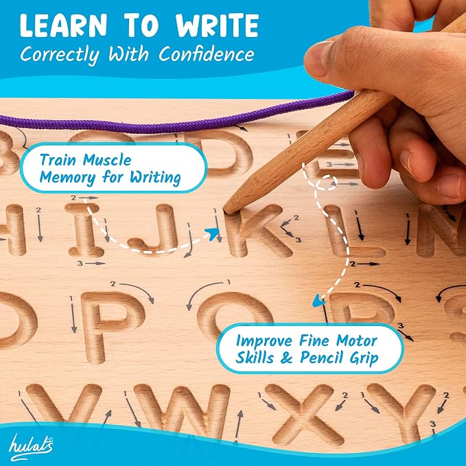 Learn to Write: Portable Wooden Alphabet Letter Tracing Sensory Pad Board - Toddler Writing Practice for Kids Age 3-5, Montessori Toys for 3+ Year Old, Letter Tracing for Kids 3-5 Writing Tools