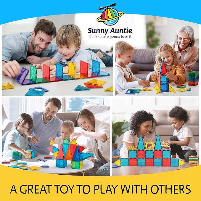 SUNNY AUNTIE Magnetic Tiles STEM Toys Building Set, Ages 3+ - 180 Pieces | Magnetic Tiles Building Toys, STEM Toys, Magnetic Blocks Construction Set, with 2 Cars & Guide Booklet for Kids Ages 3+