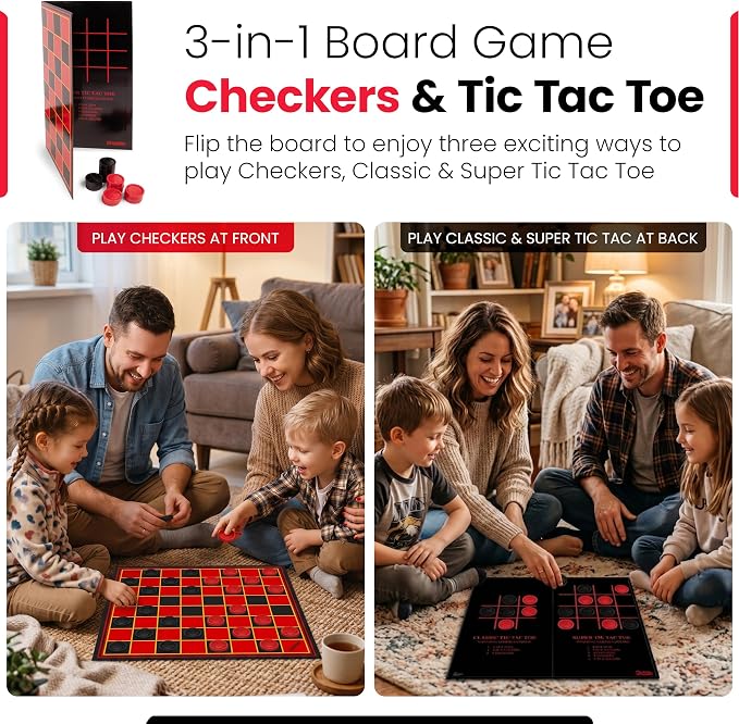 Kangaroo - Multiplayers Strategy Checker Board Game for Kids & Adults - Portable Educational Travel Cardboard Checkers - Includes Large Board w/ 24 Checkers (12 Red and 12- Black) 15x15 Inches | Multiplayers Strategy Portable Educational Travel Cardboa...