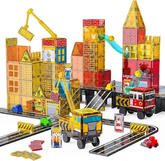 Magnetic Tiles for Kids Ages 4-8 Construction Toys with Crane Marble Run | 2 in 1 Truck Firetruck, Road, STEM Magnetic Blocks, Building Toys, Boys Birthday Gifts, Montessori, Open-ended Play