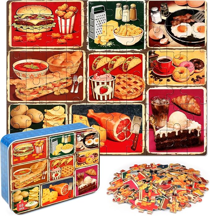 LELEMON Puzzles for Kids Ages 4-6,Food 60 Piece Puzzles for Kids Ages 6-8 in a Metal Box,Children Jigsaw Puzzles Kids Puzzles,Educational Learning Puzzle Toys for Girls and Boys