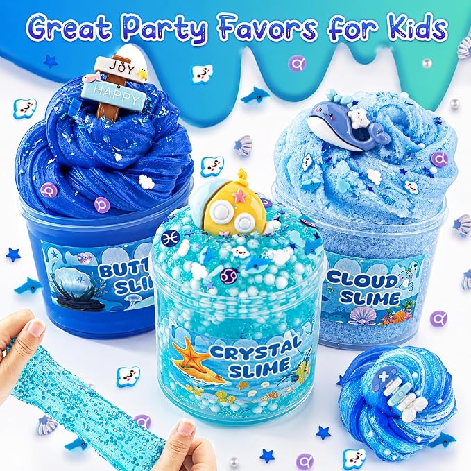 6-Pack Blue Slime Kit for Kids, Butter Cloud Squishy Birthday Gift Set | Party favor, goodie bag stuffer, Easter basket filler and sensory slime toy for boys and girls ages 4-10