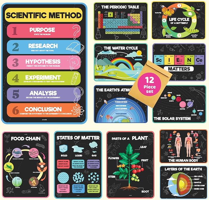 Jackinthebox 12 Science Posters for Kids Classroom Decor, Elementary School | Trendy Arts Kit, 5th Grade, Middle Teen Girls, Journal Gifts, STEM Learning, Educational Wall Display Set, Ages 10-14, Modern