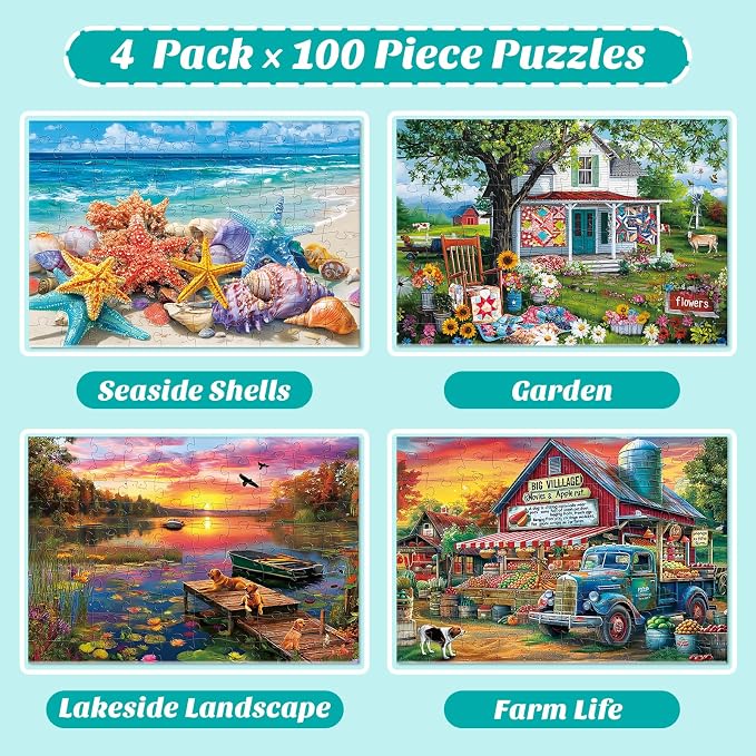 4-Pack 100 Piece Puzzles for Kids Ages 6-8 8-10 - Large Piece Puzzles for Dementia Seniors - Farm Countryside Jigsaw Puzzles for Adults & Kids Ages 4-6, Learning Educational Toys Gifts for Boys Girls