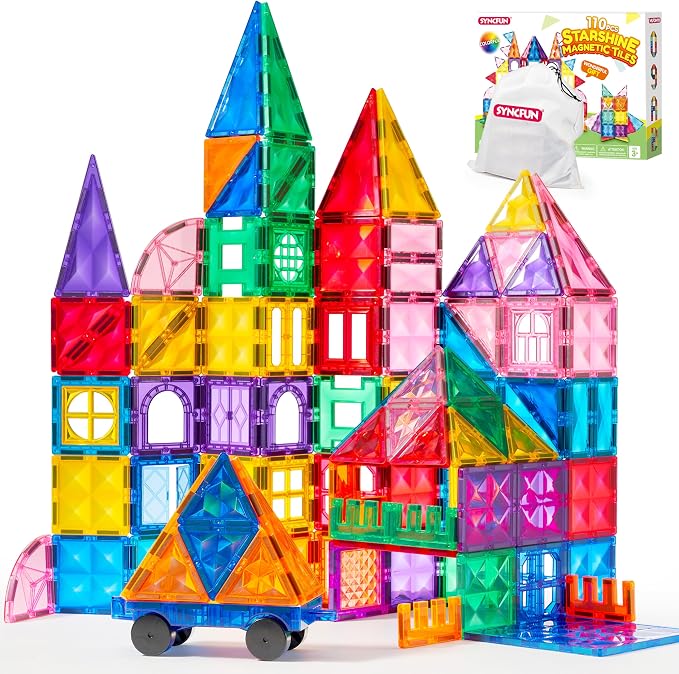 SYNCFUN 110PCS Magnetic Building Tiles - 3D Magnet Tiles with Vehicle - Construction Blocks Set for Kids - STEM Sensory Learning Educational Toys Birthday Gift for 3 4 5 6 7 Year Old