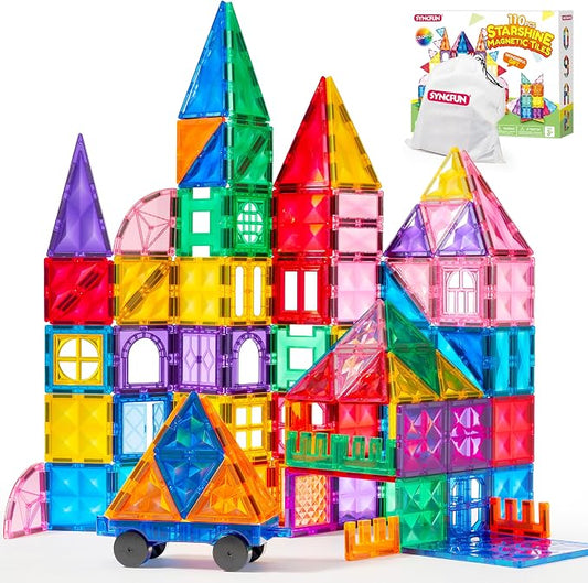 SYNCFUN 110PCS Magnetic Building Tiles - 3D Magnet Tiles with Vehicle - Construction Blocks Set for Kids - STEM Sensory Learning Educational Toys Birthday Gift for 3 4 5 6 7 Year Old