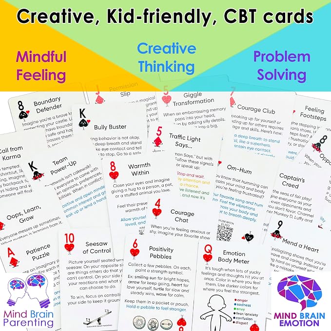 Mind Brain Emotion 52 Essential Coping Skills for Kids + Free Online Learning Library: CBT Calm Down Cards for Anxiety, Anger & Big Feelings - Emotional Regulation SEL Therapy Game, Ages 5-14