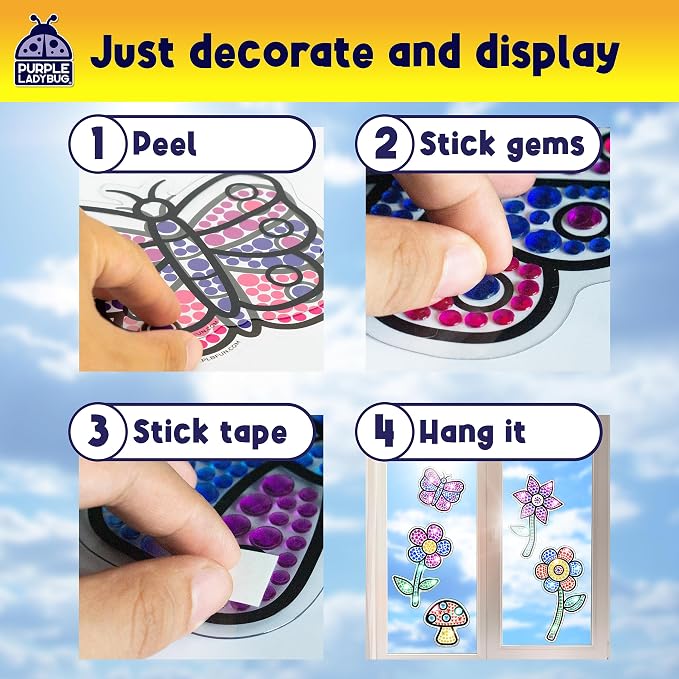 SunGemmers Suncatcher Kit for Kids, Mess-Free Crafts for Kids Ages 4-8 | 5 Designs, Hundreds of Peel & Stick Colorful Gems, Hand-Eye Coordination, Screen-Free Activity, 5 Year Old Girl Birthday Gift
