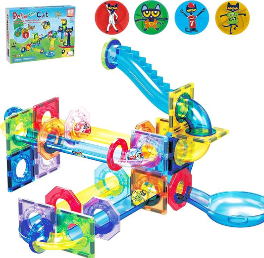 PicassoTiles 62pcs Magnetic Tile Pete the Cat Magnetic Marble Run Toy Set with Race Track Tubes Marbles and Stickers STEM Educational Construction Building Blocks for Kids Boys Girls Ages 3 Up PTG03