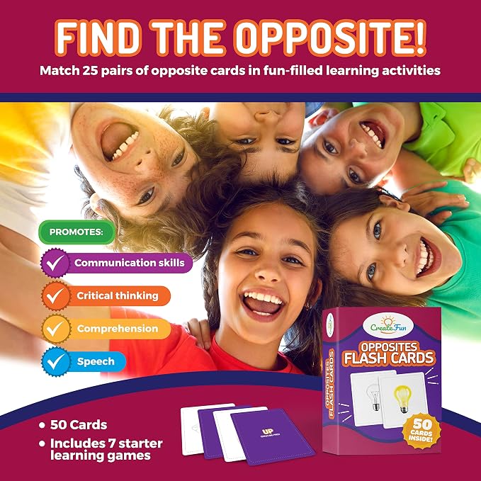 CreateFun Opposites Flash Cards, 50 Realistic Matching Photo Cards,25 Pairs | Visual aid - ESL,Kids,Special Ed,Senior Care Speech Therapy,Dementia Activities,Autism Learning