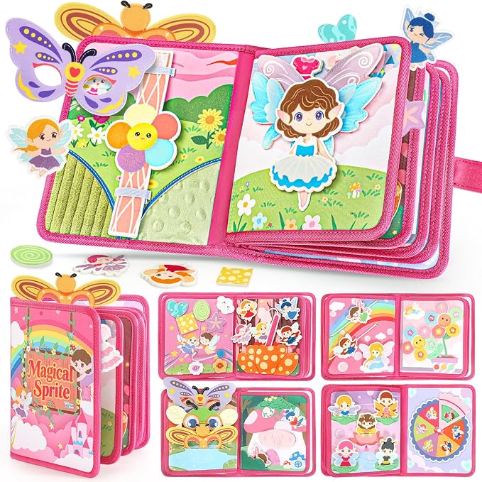 22 in 1 Busy Book for Toddlers 1-3, Sprite Montessori Toys for 1 Year Old with Fishing Game, Soft Sensory Toddler Busy Board, Airplane Travel Toys, Birthday Gifts for 1 2 Year 18 month Old Girl
