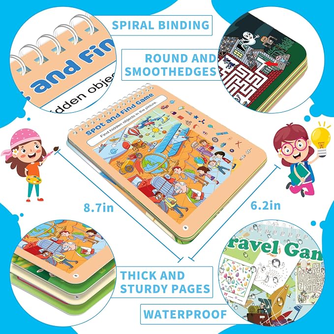 Elfew 2 Pack Reusable Travel Games Activity Books for Kids Ages 4-8, 8-12 | Include 2 Markers, 56 Different Brain Games, Waterproof, Spiral Binding, Toy & Learning Tool for Road Trip Airplane Activity