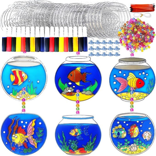 Ayhuhra 30 Set Fishbowl Suncatcher Craft Kits, Sea Animal Fish Tank Art | Under the sea crafts for summer parties, beach decor, ocean themes, aquatic art projects, and sunny window displays