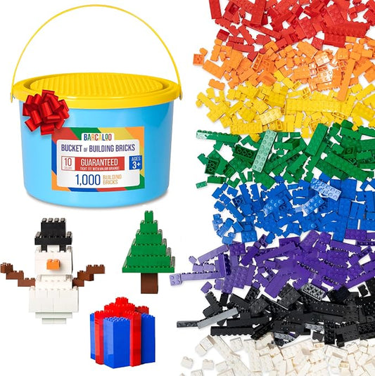 Barcaloo 1000 Piece Building Bricks Kit - Classic Colors, Axles Included | Includes Storage Bucket, Includes Wheels & Tires, Windows & Doors Pieces, Compatible with All Major Brands