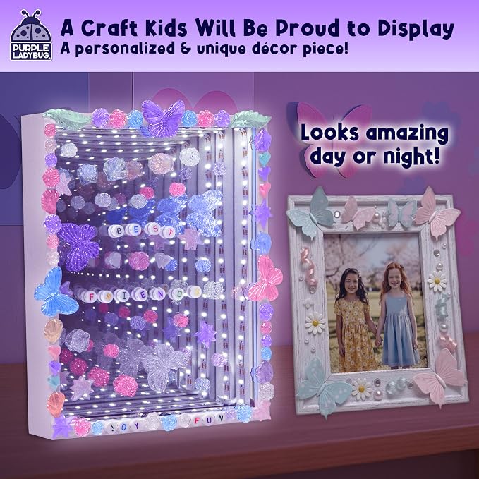 DIY Infinity Mirror Kit, Screen-Free Crafts for Girls Ages 6-12 | Light-Up STEM Crafts with Gems & Assorted Alphabet Beads for Customization, Educational Girls Crafts Ages 6-8