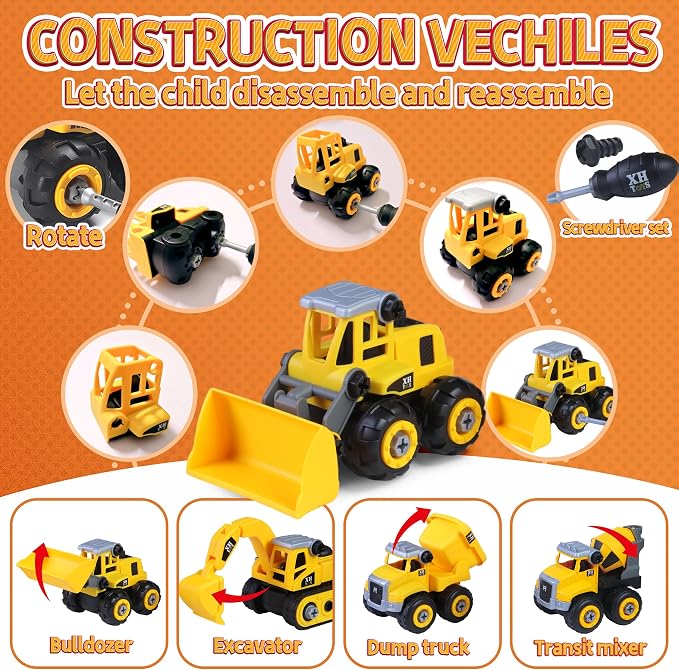 YIDESTARS Sensory Bin – Large Take Apart Trucks for Toddlers 3+ | 2.2lbs sensory sand, 4 trucks (dump/excavator/bulldozer/mixer), 8 figures, road signs, 8 molds, gift for boys girls