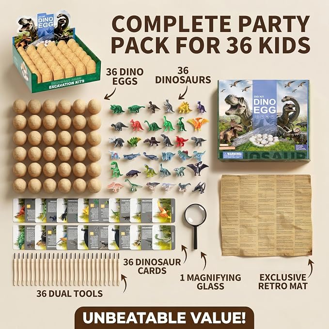 36-Pack Dinosaur Eggs Dig Kit Toys, Excavation Kit with Magnifier | Easter Basket Stuffers for Kids, Science STEM Birthday Party Favors, Gifts for Boys Girls Age 3 4 5 6 7 8 9 10 + Years Old