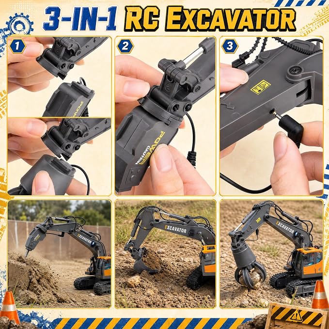 Remote Control 3-in-1 Excavator Toys, 13 Channel 1:20 RC Construction Truck | 680°Rotation, RC Car Digger Vehicles Toys, Christmas Birthday Gifts for 3 4 5 6 7 8 9 10 11 12 Year Old Boys Girls Kids
