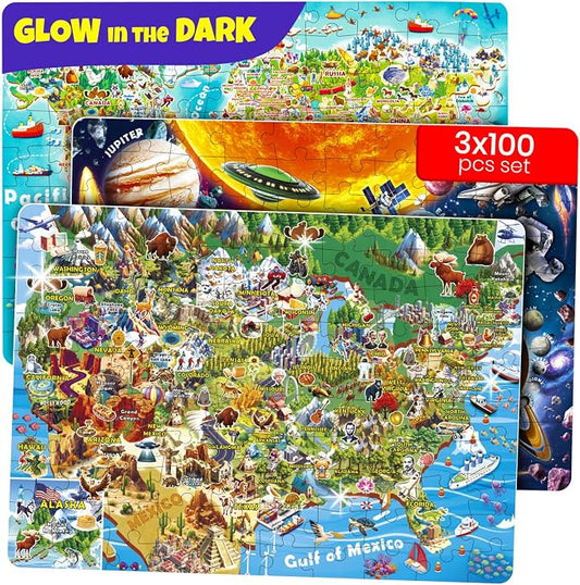100 Puzzles for Kids Ages 4-6 - Educational Map Kids Puzzles Ages 6-8 | Glow-in-the-Dark USA Map, World Map and Solar System Kids Puzzles Ages 8-10 — Learning Geography Toys for 5-8 Year Old