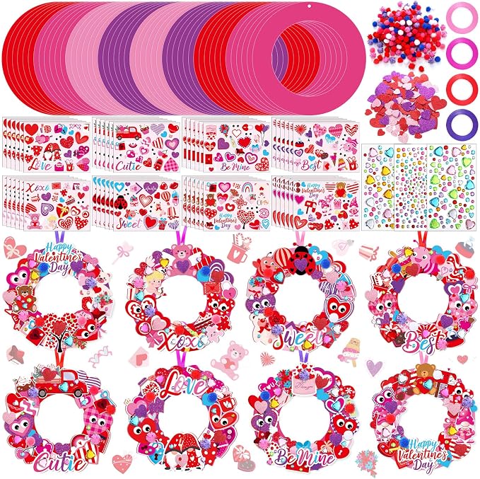 Hollowfly 48 Sets Valentine DIY Heart Wreath Craft Kits for Kids Activities | 8 Cute Valentine Heart Themed Designs, Good for Valentine Wall Decor, Kids Valentines Art Projects & Classroom Party Favors