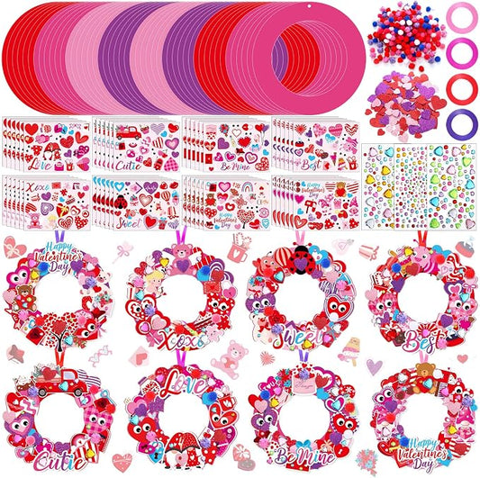 Hollowfly 48 Sets Valentine DIY Heart Wreath Craft Kits for Kids Activities | 8 Cute Valentine Heart Themed Designs, Good for Valentine Wall Decor, Kids Valentines Art Projects & Classroom Party Favors