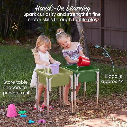 ECR4Kids 2-Station Sand and Water Adjustable Play Table, Sensory Bins, Fern Green/Hunter Green | Durable plastic/steel, GREENGUARD Gold Certified, 3-5 years, 80 lb capacity, adjustable legs, easy-lift lids, indoor/outdoor