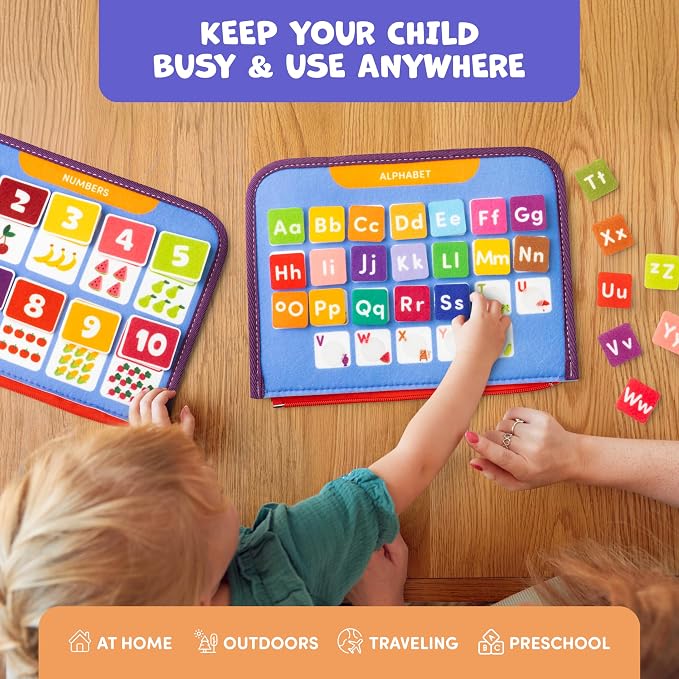 Busy Book for Toddlers & Babies 1-3 Year Old, Montessori Learning Toy Board | Sensory felt activity book, portable for car & airplane travel play, calming, screen-free, quiet light table toy, gift