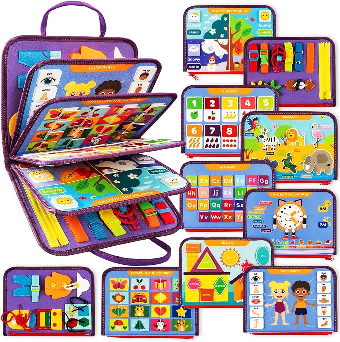 Busy Book for Toddlers & Babies 1-3 Year Old, Montessori Learning Toy Board | Sensory felt activity book, portable for car & airplane travel play, calming, screen-free, quiet light table toy, gift