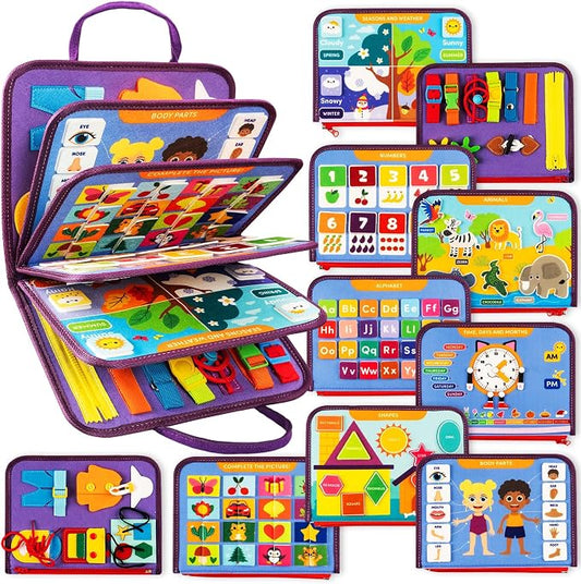 Busy Book for Toddlers & Babies 1-3 Year Old, Montessori Learning Toy Board | Sensory felt activity book, portable for car & airplane travel play, calming, screen-free, quiet light table toy, gift