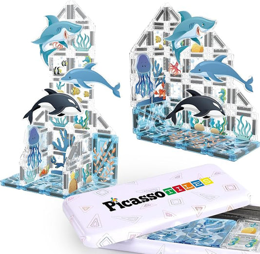 PicassoTiles Magnetic Tiles Aquarium Marine Animal Nano Construction Travel Set with Tin Storage Case Montessori Mini Magnet Tile Traveling STEM Activity Kit Early Learning Boys Girls Ages 3+ PNQ01