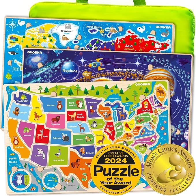US Map Puzzles for Kids Ages 4-6 - 3 Wooden Toddler Puzzles Ages 3-5 | United States Kids Puzzles Ages 6-8 - Educational Toys for 3 Year Old Boys and Girls - Learning USA Geography for Kids