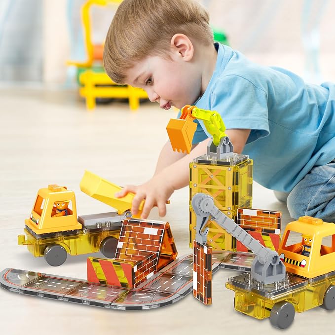 PicassoTiles Magnetic Tiles Construction Set, 5-in-1 Vehicle Toys Ages 3+ | 5 build configurations, 2 poseable action figures, 2 car bases, durable non-toxic pieces, hands-on STEM play