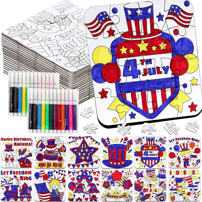 24 Sets 4th of July Crafts for Kids, Patriotic Crafts Activities DIY Puzzle Kits Red White Blue Star Flag Independence Day Memorial Day Jigsaw Painting Arts for Party Favors Gift Supplies Coloring Toy