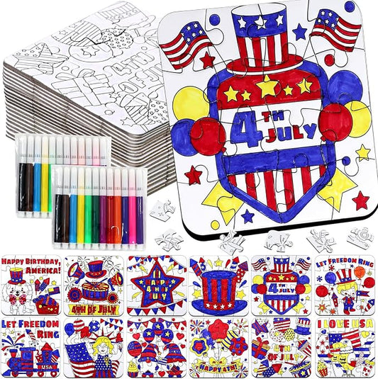 24 Sets 4th of July Crafts for Kids, Patriotic Crafts Activities DIY Puzzle Kits Red White Blue Star Flag Independence Day Memorial Day Jigsaw Painting Arts for Party Favors Gift Supplies Coloring Toy
