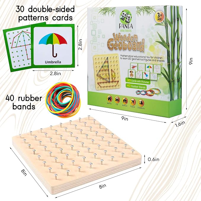 Wooden Geoboard - Montessori Toys for 3 4 5 Year Old Kids and Toddlers, Educational Toy with 30 Pattern Cards and 40 Rubber Bands to Create Figures, Brain Teaser STEM Toy Geo Board
