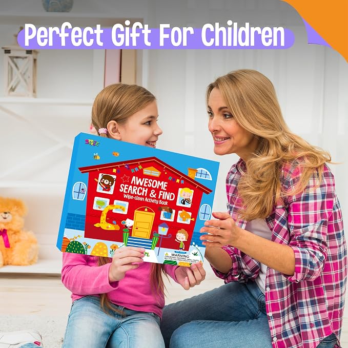 Search & Find Book, 15 Different Searching Games & 15 Fun Activity Games, Montessori Learning Toy Educational Game Travel Toys for Autism Sensory, Preschool, Girls and Boys 3+ (8 Markers Included)