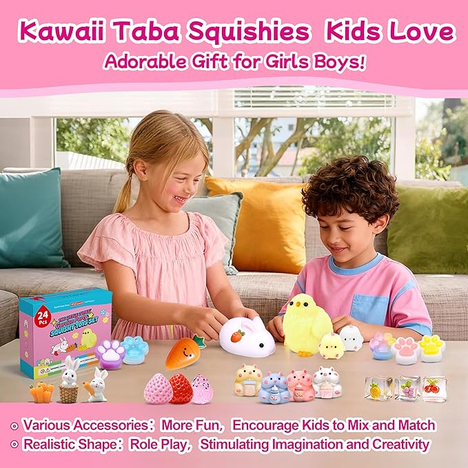 24Pack Taba Squishy Toys kit for Kids- Fidget Squeeze Toys Squishy Fun Box | Taba Squishy Party Favors for Kids-Cute Squishies Toys for Girls 8-10-Goodie Bag Stuffers for Kids Fidgets for Classroom