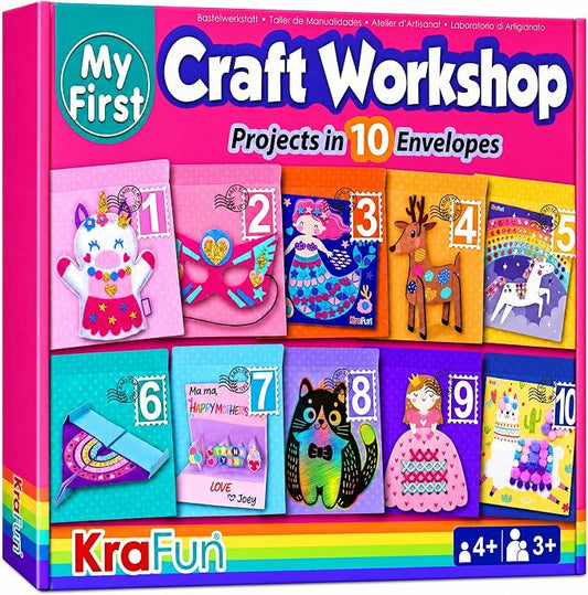 KRAFUN Craft Workshop Kit Ages 3-5 |10 Envelopes, Unicorn & Mermaid | 10 envelope projects: Unicorn, Mermaid, Princess & Llama crafts. Creative educational activities for toddler girls
