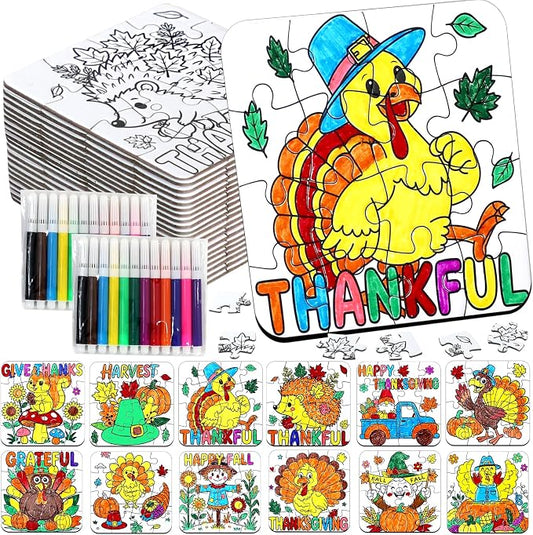 24Set Fall Thanksgiving Crafts for Kids Toddlers Adults, Thanksgiving Art Craft DIY Kit Blank Puzzle Pumpkin Turkey, Autumn Classroom Activities for Party Favors Gift Coloring Games Toys Supplies Bulk