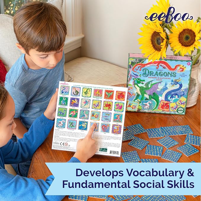 eeBoo Shiny Dragons Memory & Matching Game, Ages 3+, 1-4 Players | Introduces mythical dragons. Sharpens recognition, concentration & memory skills. Includes 48 foil tiles, 24 pairs
