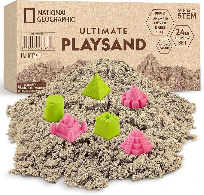 National Geographic Moon Sand 24 Lb. Bulk Play Set with Castle Molds | Natural Color, 24 Lbs. of Moldable Play Sand, No-Mess Sensory Activity, Sensory Bin Filler, Indoor Play, Creative Building