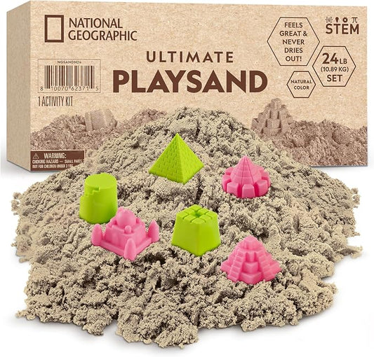 National Geographic Moon Sand 24 Lb. Bulk Play Set with Castle Molds | Natural Color, 24 Lbs. of Moldable Play Sand, No-Mess Sensory Activity, Sensory Bin Filler, Indoor Play, Creative Building