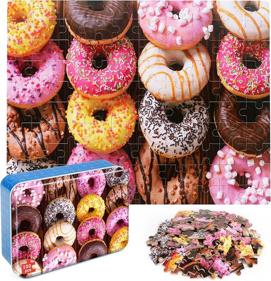 LELEMON 100 Pieces Donut Jigsaw Puzzle for Kids Ages 4-8 Sweet Colorful Donut Jigsaw Puzzles in a Metal Box Children Boys Girls Learning Educational Puzzles Toys