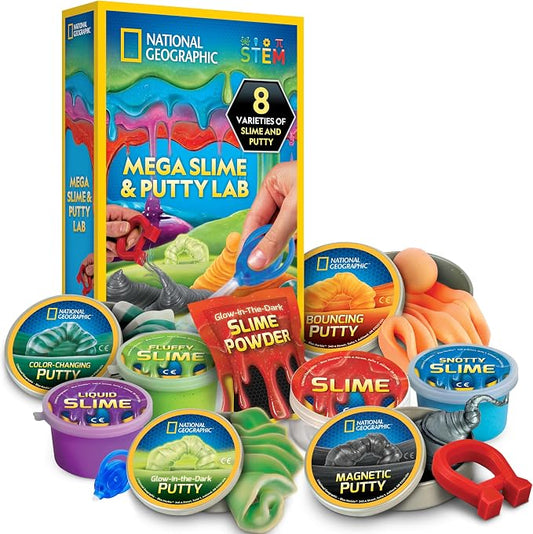 NATIONAL GEOGRAPHIC Mega Slime Kit & Putty Lab - 4 Types of Slime Plus 4 Types of Putty Including Magnetic, Slime Kit for Boys and Girls, Sensory Toy & Science Kit | 4 Slimes and 4 Putties, Magnetic and Glow-in-the-Dark Varieties, Science Toy for Kids,...