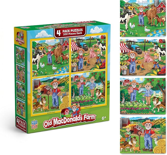 MasterPieces – Jigsaw Puzzle Set for Kids 6+ Years, 4-Pack of 100 Pieces, Educational and Fun Game, Old Macdonald’s Farm Collection, Gift Idea for Children, 8" x 10"