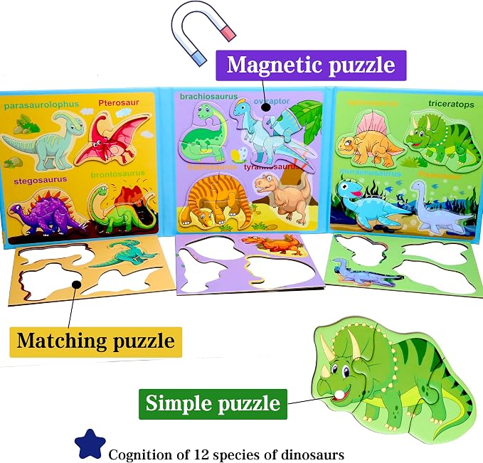 Magnetic Puzzles for Kids Ages 3-5, Travel Toddler Dinosaur Puzzle Toy | Refrigerator Magnet Game for Ages 4-6, Learning & Birthday Gift for Boys, Car & Airplane Road Trip Quiet-Time Activity Toys