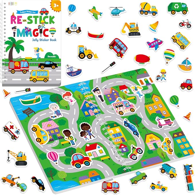 Reusable Jelly Sticker Book, 53 Vehicle Thick Jelly Stickers Waterproof Gel Cling Decals Transportation Themed Busy Book Hands-on Activity Travel Game Educational Learning Toys for Toddlers, Kids