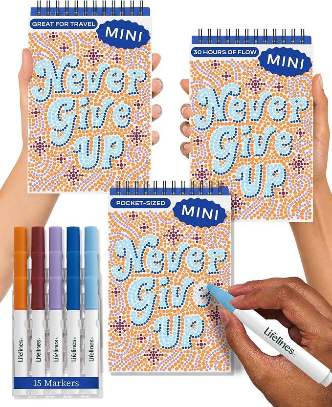 Lifelines FlowArt Mini Activity Pad, 3-Pack - Dot-by-Letter Coloring Books | 15 Double-Sided Markers & 60 Scenes - Guided Art Meditations for Tweens, Adults & Seniors - Dot-by-Letter - Patent-Pending